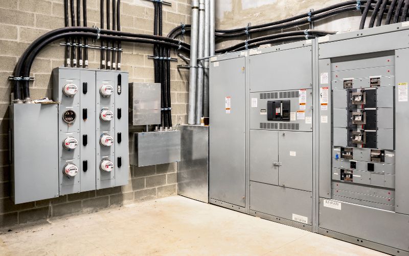 Advanced commercial surge protection systems installed by Empire Electric in Watsonville, featuring multiple electrical panels with safety switches and voltage meters.